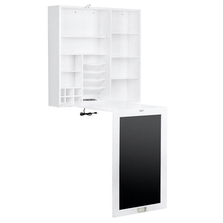 Utopia Alley Collapsible Fold Down Desk Table with Storage Cabinet & Shelves, Computer Desk Storage with USB Charging, White