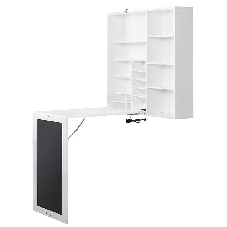 Utopia Alley Collapsible Fold Down Desk Table with Storage Cabinet & Shelves, Computer Desk Storage with USB Charging, White