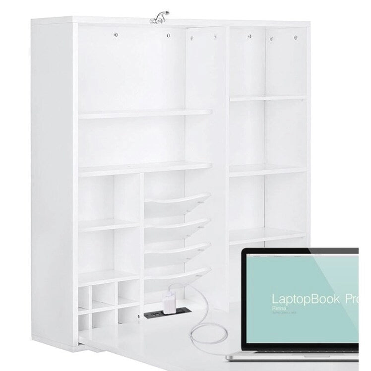 Utopia Alley Collapsible Fold Down Desk Table with Storage Cabinet & Shelves, Computer Desk Storage with USB Charging, White