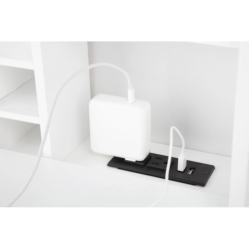 Utopia Alley Collapsible Fold Down Desk Table with Storage Cabinet & Shelves, Computer Desk Storage with USB Charging, White