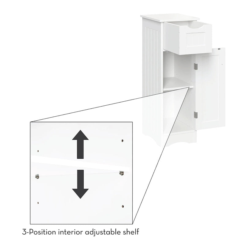 RiverRidge Ashland Single Door Narrow Bathroom and Laundry Storage Cabinet with Drawer and Adjustable Shelves - White