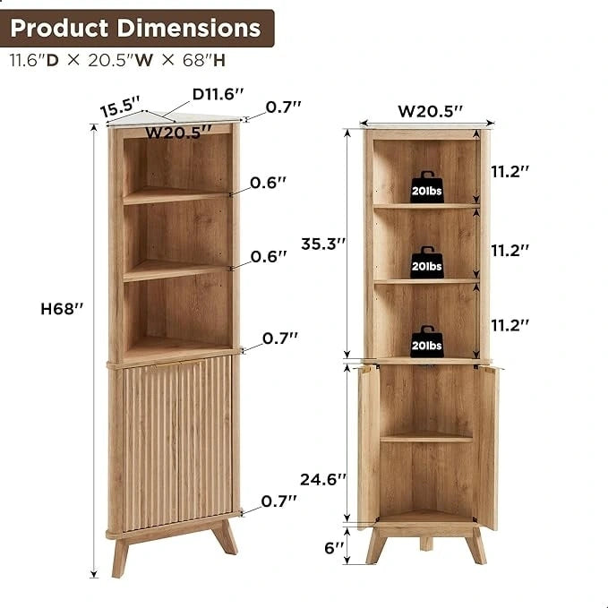68 Modern Tall Corner Cabinet, Storage Cabinet with Faux Marble Top