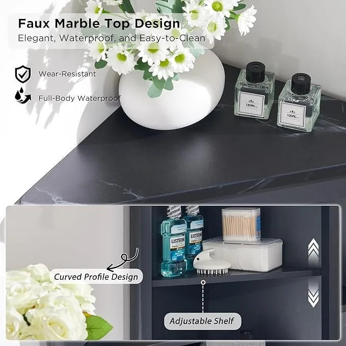 68 Modern Tall Corner Cabinet, Storage Cabinet with Faux Marble Top