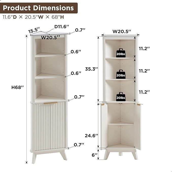 68 Modern Tall Corner Cabinet, Storage Cabinet with Faux Marble Top