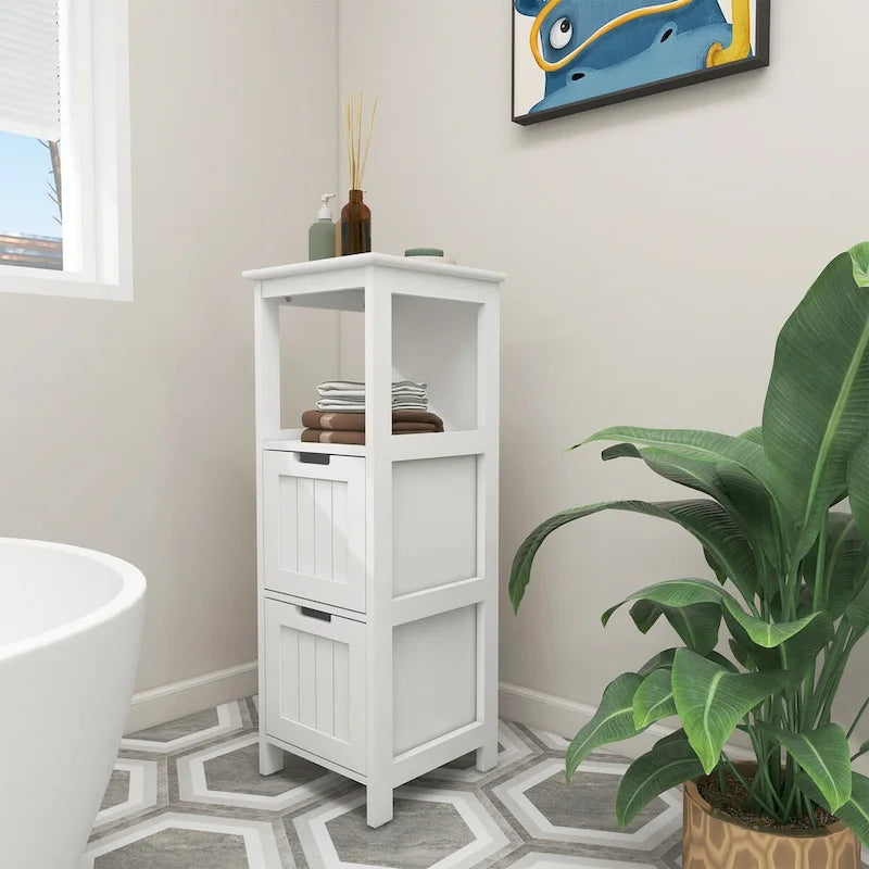 13W Narrow Floor Cabinet , 2-Drawer Bathroom Cabinet Organizer with Open Storage Shelf for Bath, Kitchen, Bedroom - White