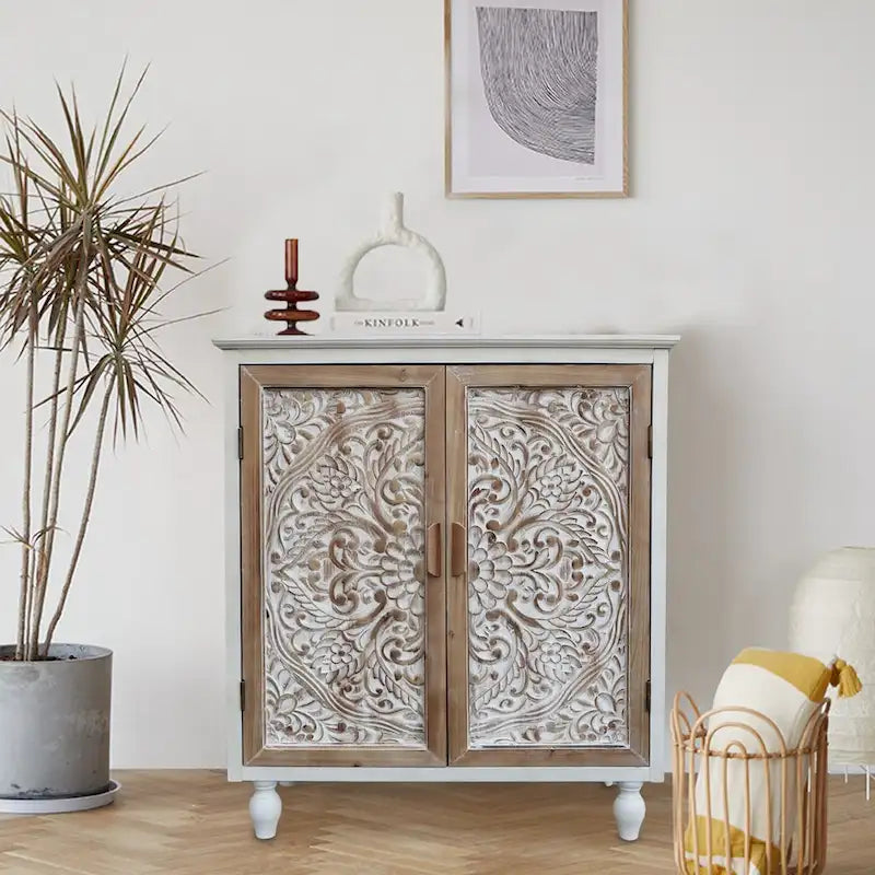 Vintage Free-Standing Buffet Cabinet with 2 Carved Doors,Brown and White, 34.5 H - 31.3x 14.2x 34.5