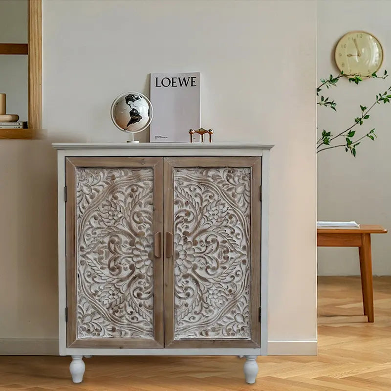 Vintage Free-Standing Buffet Cabinet with 2 Carved Doors,Brown and White, 34.5 H - 31.3x 14.2x 34.5