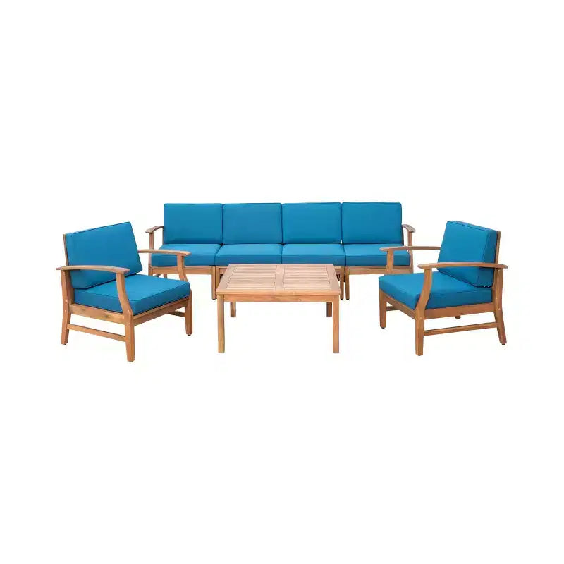 Ensemble Perla de 7 pièces de canapé et fauteuil de club en bois d'acacia - Christopher Knight Home : Assise extérieure avec
