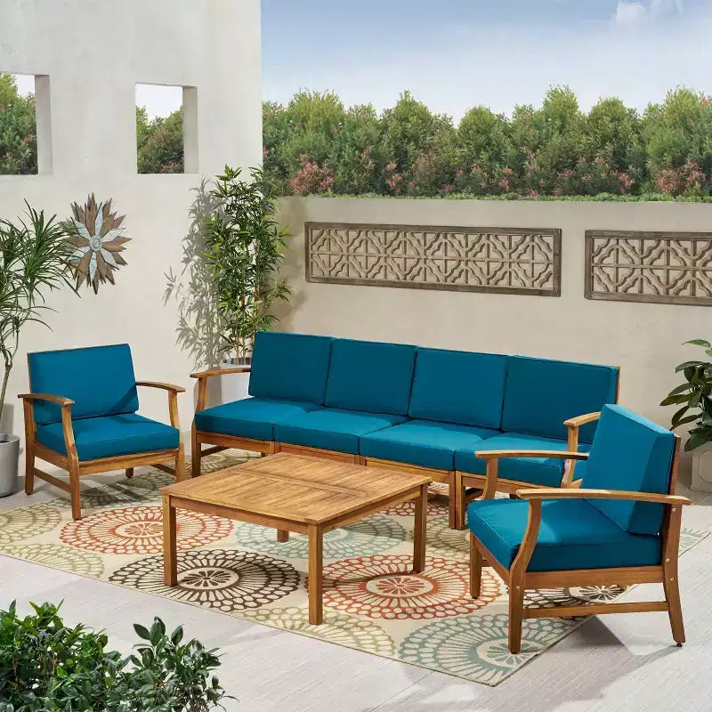 Ensemble Perla de 7 pièces de canapé et fauteuil de club en bois d'acacia - Christopher Knight Home : Assise extérieure avec