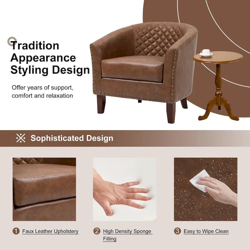 Ethan Accent Chair Barrel PU Leather with Nailhead Trim