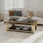 Table basse rectangulaire de 48 pouces de large avec plateau en verre, table basse double couche en acier inoxydable