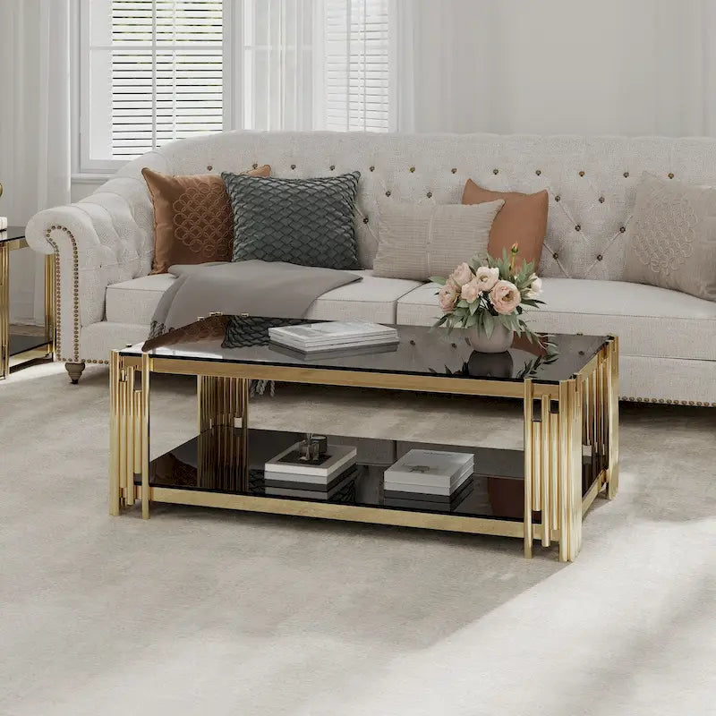 Table basse rectangulaire de 48 pouces de large avec plateau en verre, table basse double couche en acier inoxydable
