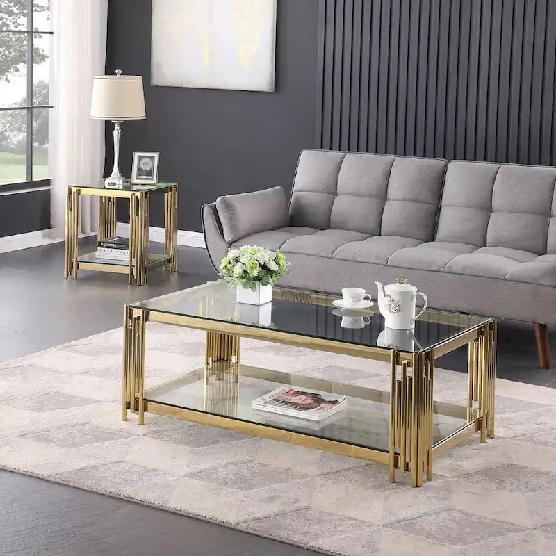Table basse rectangulaire de 48 pouces de large avec plateau en verre, table basse double couche en acier inoxydable
