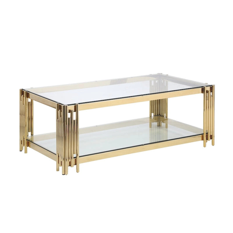 Table basse rectangulaire de 48 pouces de large avec plateau en verre, table basse double couche en acier inoxydable