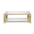 Table basse rectangulaire de 48 pouces de large avec plateau en verre, table basse double couche en acier inoxydable