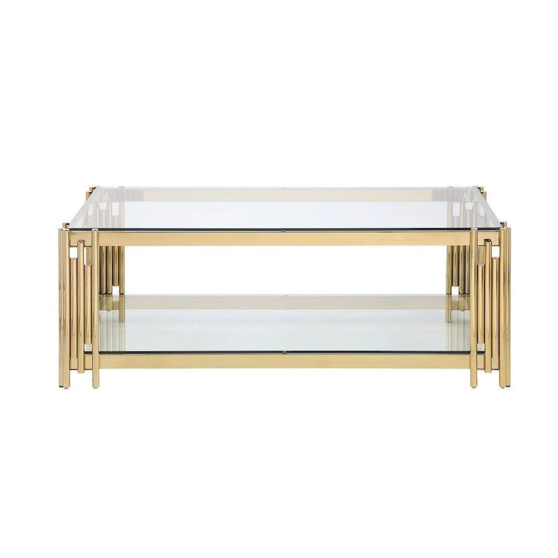 Table basse rectangulaire de 48 pouces de large avec plateau en verre, table basse double couche en acier inoxydable