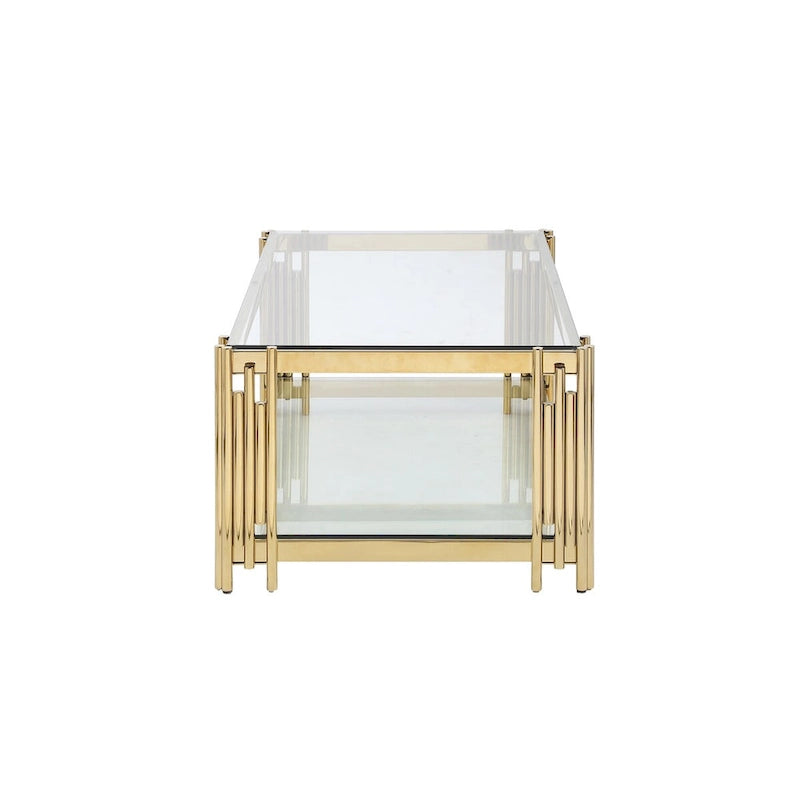 Table basse rectangulaire de 48 pouces de large avec plateau en verre, table basse double couche en acier inoxydable