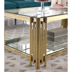 Table basse rectangulaire de 48 pouces de large avec plateau en verre, table basse double couche en acier inoxydable