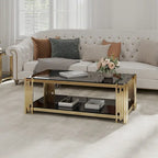 Table basse rectangulaire de 48 pouces de large avec plateau en verre, table basse double couche en acier inoxydable