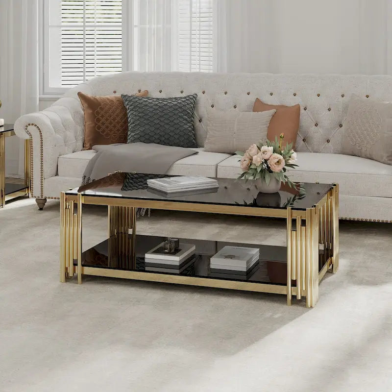 Table basse rectangulaire de 48 pouces de large avec plateau en verre, table basse double couche en acier inoxydable