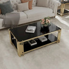 Table basse rectangulaire de 48 pouces de large avec plateau en verre, table basse double couche en acier inoxydable