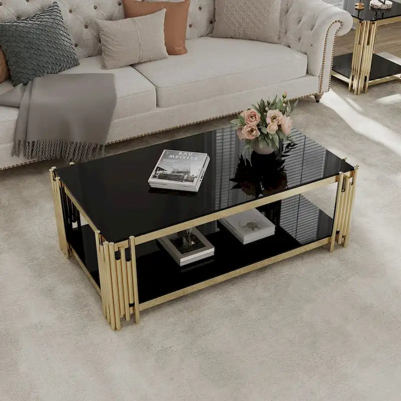 Table basse rectangulaire de 48 pouces de large avec plateau en verre, table basse double couche en acier inoxydable