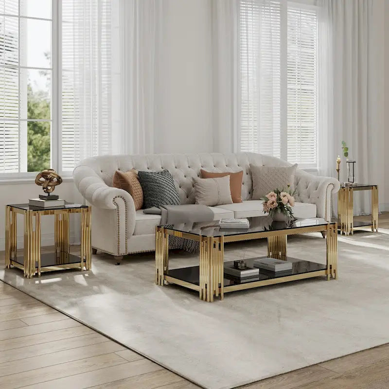Table basse rectangulaire de 48 pouces de large avec plateau en verre, table basse double couche en acier inoxydable