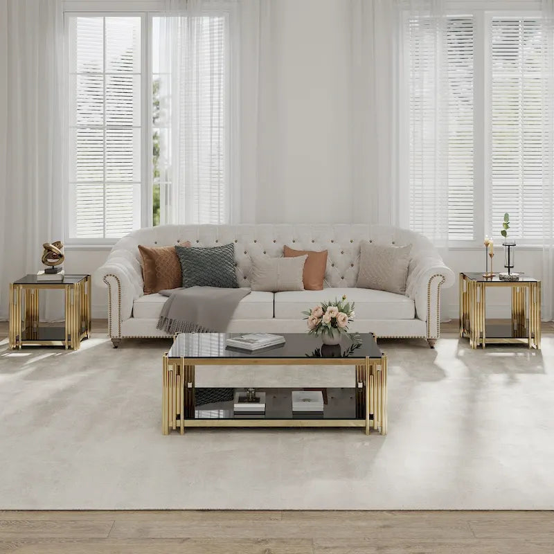 Table basse rectangulaire de 48 pouces de large avec plateau en verre, table basse double couche en acier inoxydable