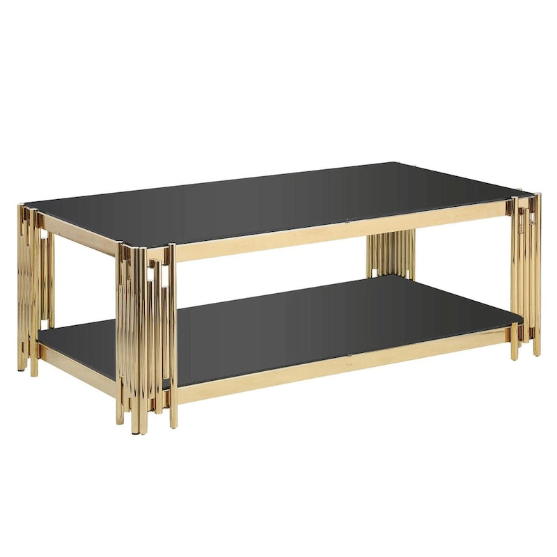 Table basse rectangulaire de 48 pouces de large avec plateau en verre, table basse double couche en acier inoxydable