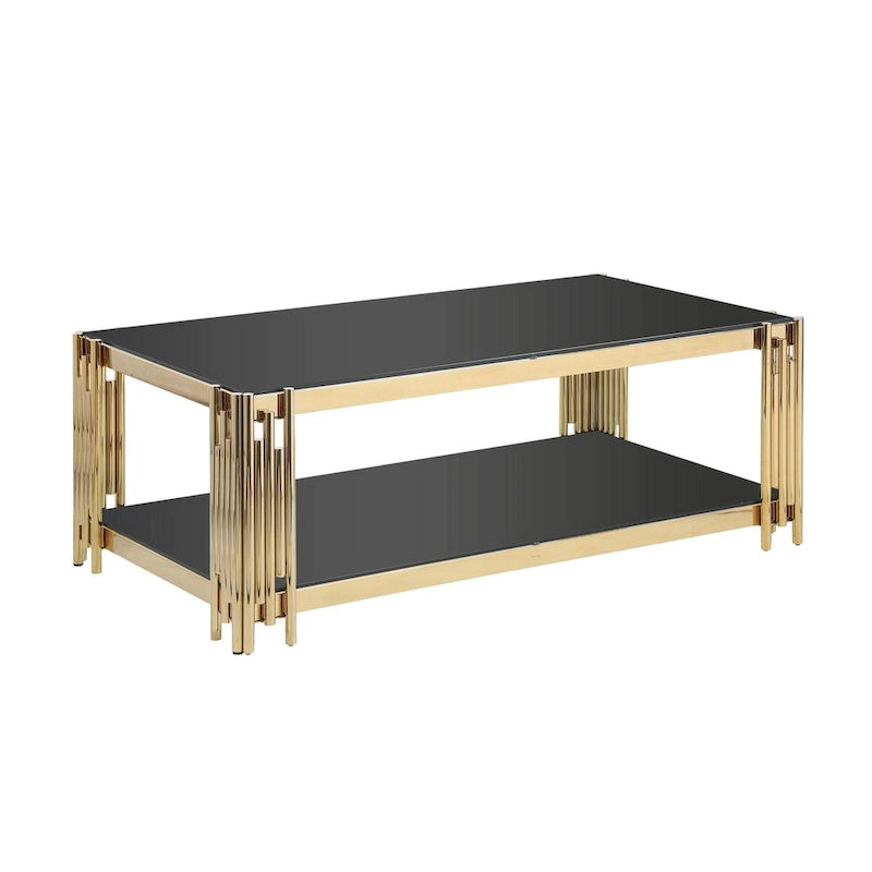 Table basse rectangulaire de 48 pouces de large avec plateau en verre, table basse double couche en acier inoxydable