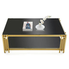 Table basse rectangulaire de 48 pouces de large avec plateau en verre, table basse double couche en acier inoxydable