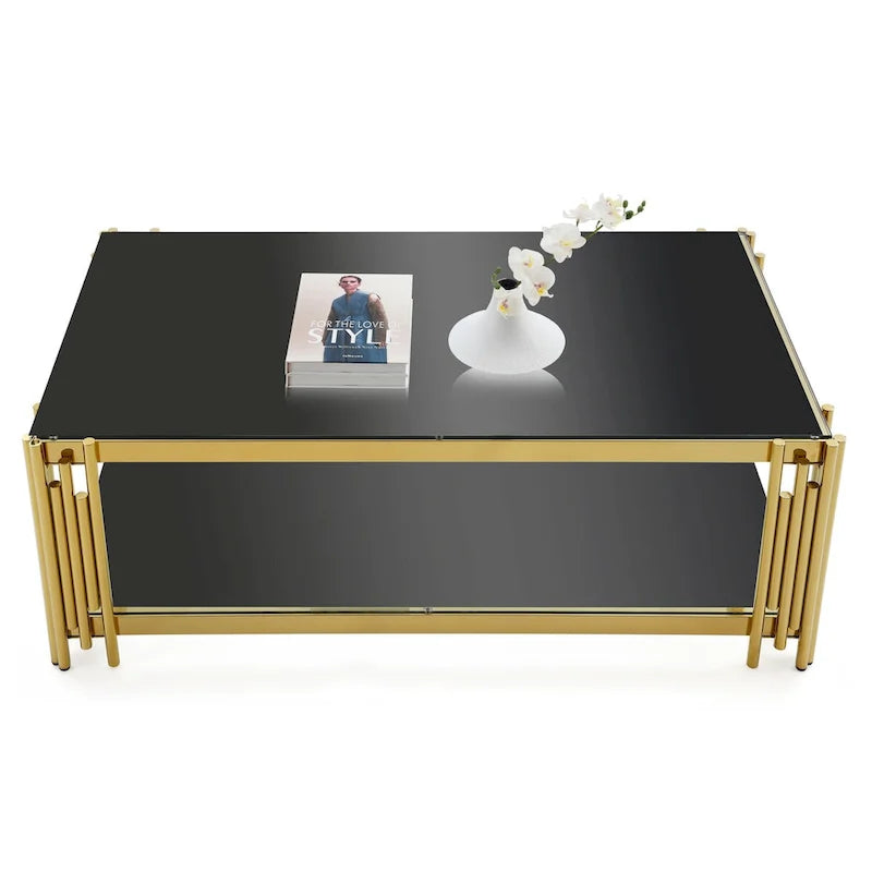 Table basse rectangulaire de 48 pouces de large avec plateau en verre, table basse double couche en acier inoxydable
