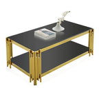 Table basse rectangulaire de 48 pouces de large avec plateau en verre, table basse double couche en acier inoxydable