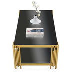 Table basse rectangulaire de 48 pouces de large avec plateau en verre, table basse double couche en acier inoxydable