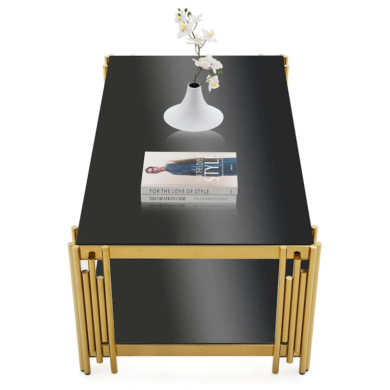Table basse rectangulaire de 48 pouces de large avec plateau en verre, table basse double couche en acier inoxydable