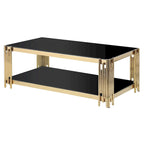 Table basse rectangulaire de 48 pouces de large avec plateau en verre, table basse double couche en acier inoxydable