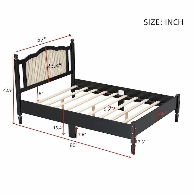 Wooden Platform Bed with Rattan Headboard and Slat Support