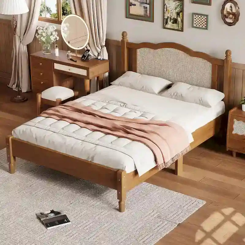 Wooden Platform Bed with Rattan Headboard and Slat Support