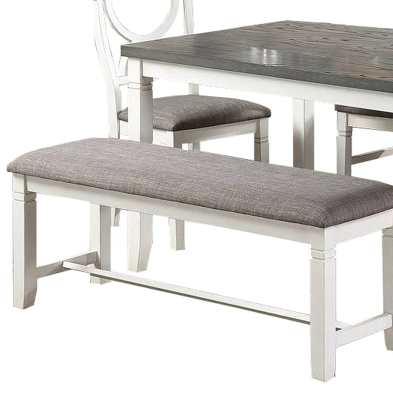 6 Piece Dining Set with Cut Out Back Chairs and Padded Bench, White and Gray