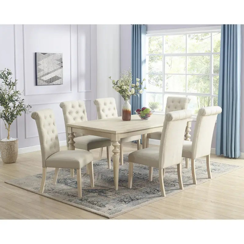 7-piece Dining Set, Turned-Leg Dining Table with 6 Tufted Chairs