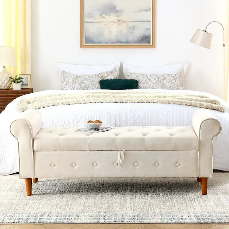 Banc de rangement capitonné à 62 boutons pour chambre à coucher, pouf moderne en tissu, banc de fenêtre, design à accoudoirs roulés pour chambre à coucher