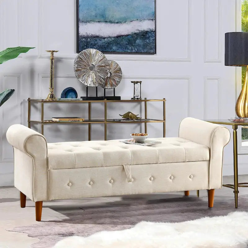 Banc de rangement capitonné à 62 boutons pour chambre à coucher, pouf moderne en tissu, banc de fenêtre, design à accoudoirs roulés pour chambre à coucher