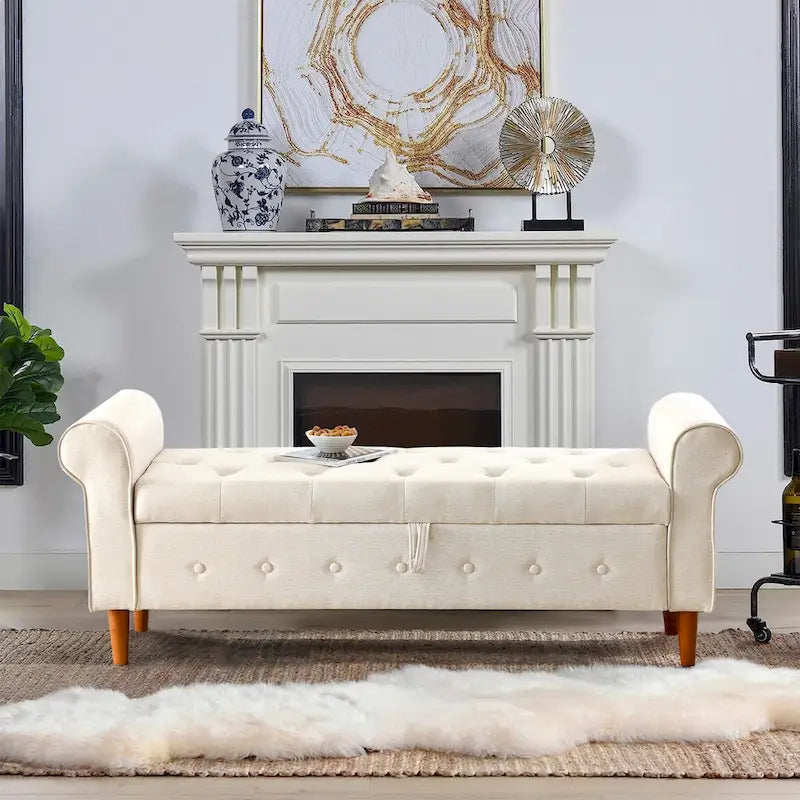 Banc de rangement capitonné à 62 boutons pour chambre à coucher, pouf moderne en tissu, banc de fenêtre, design à accoudoirs roulés pour chambre à coucher