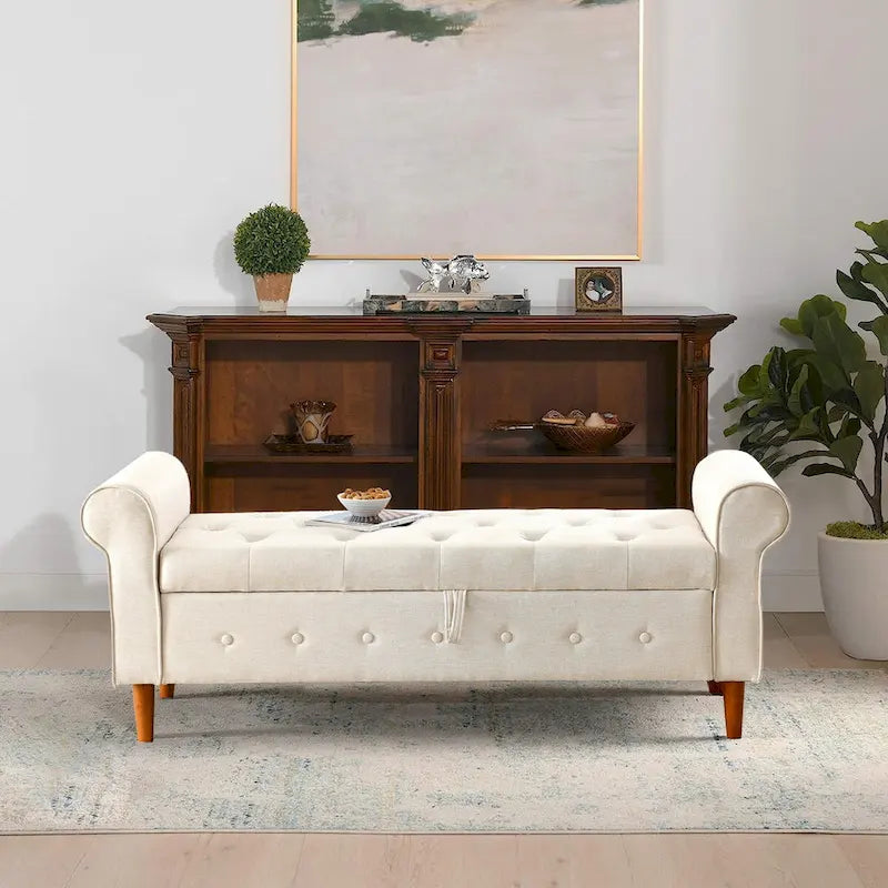 Banc de rangement capitonné à 62 boutons pour chambre à coucher, pouf moderne en tissu, banc de fenêtre, design à accoudoirs roulés pour chambre à coucher