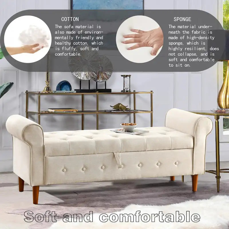 Banc de rangement capitonné à 62 boutons pour chambre à coucher, pouf moderne en tissu, banc de fenêtre, design à accoudoirs roulés pour chambre à coucher