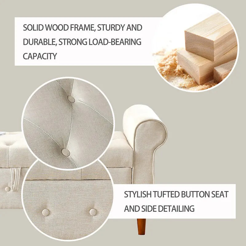 Banc de rangement capitonné à 62 boutons pour chambre à coucher, pouf moderne en tissu, banc de fenêtre, design à accoudoirs roulés pour chambre à coucher