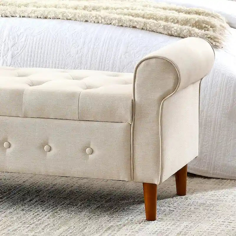 Banc de rangement capitonné à 62 boutons pour chambre à coucher, pouf moderne en tissu, banc de fenêtre, design à accoudoirs roulés pour chambre à coucher