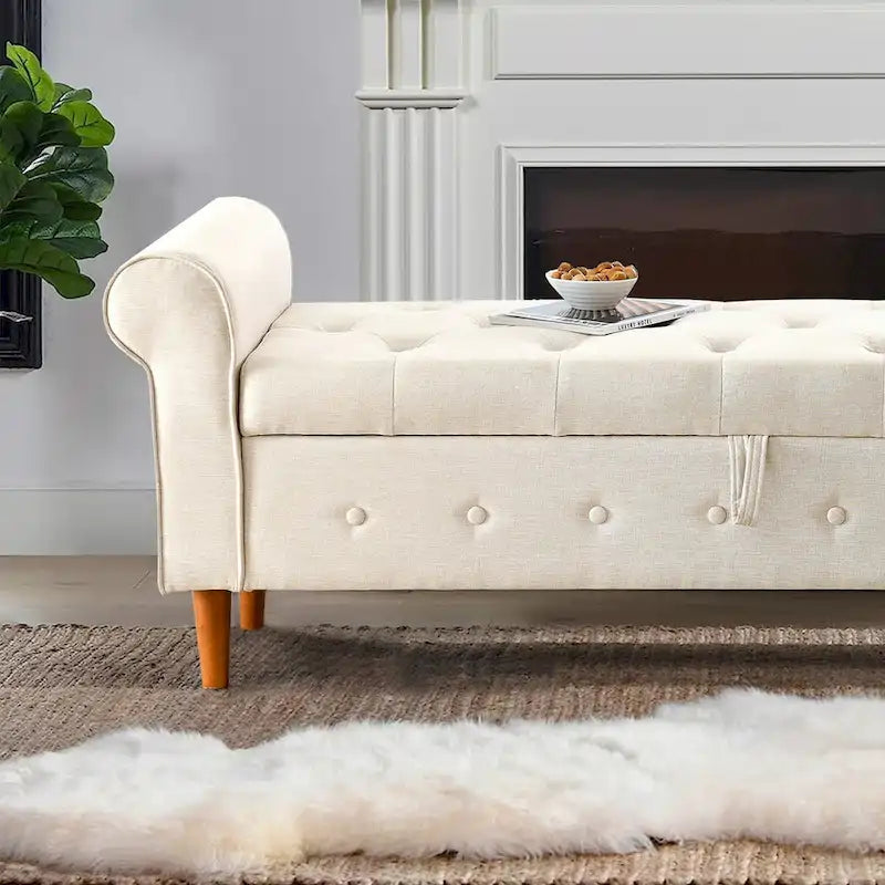Banc de rangement capitonné à 62 boutons pour chambre à coucher, pouf moderne en tissu, banc de fenêtre, design à accoudoirs roulés pour chambre à coucher