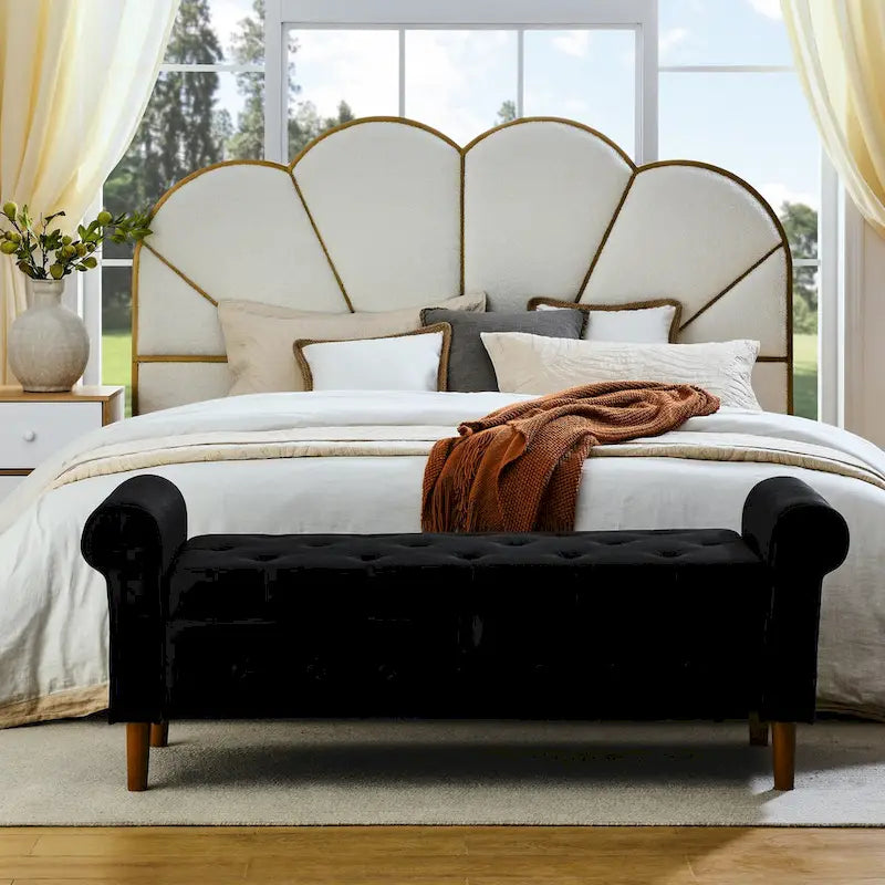 Banc de rangement capitonné à 62 boutons pour chambre à coucher, pouf moderne en tissu, banc de fenêtre, design à accoudoirs roulés pour chambre à coucher