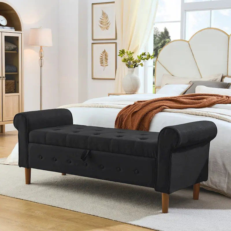 Banc de rangement capitonné à 62 boutons pour chambre à coucher, pouf moderne en tissu, banc de fenêtre, design à accoudoirs roulés pour chambre à coucher